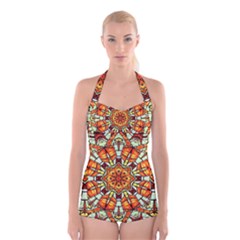 Kaleidoscope Floral Pattern Rosette Boyleg Halter Swimsuit 