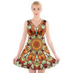 Kaleidoscope Floral Pattern Rosette V-neck Sleeveless Dress