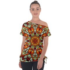 Kaleidoscope Floral Pattern Rosette Off Shoulder Tie-up Tee