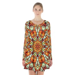 Kaleidoscope Floral Pattern Rosette Long Sleeve Velvet V-neck Dress