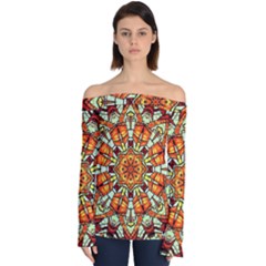 Kaleidoscope Floral Pattern Rosette Off Shoulder Long Sleeve Top