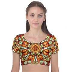 Kaleidoscope Floral Pattern Rosette Velvet Short Sleeve Crop Top 