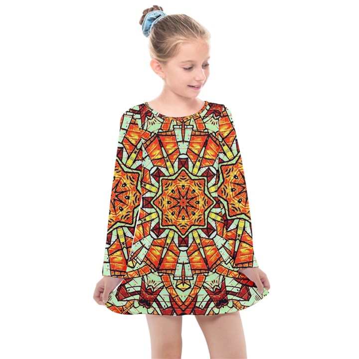 Kaleidoscope Floral Pattern Rosette Kids  Long Sleeve Dress