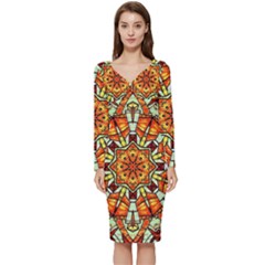 Kaleidoscope Floral Pattern Rosette Long Sleeve V-neck Bodycon Dress 