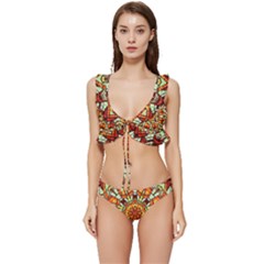 Kaleidoscope Floral Pattern Rosette Low Cut Ruffle Edge Bikini Set