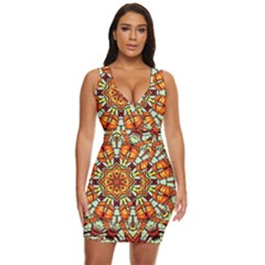 Kaleidoscope Floral Pattern Rosette Draped Bodycon Dress