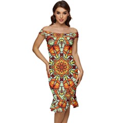 Kaleidoscope Floral Pattern Rosette Off Shoulder Ruffle Split Hem Bodycon Dress