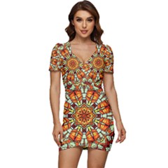 Kaleidoscope Floral Pattern Rosette Low Cut Cap Sleeve Mini Dress by Jancukart