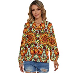 Kaleidoscope Floral Pattern Rosette Women s Long Sleeve Button Down Shirt