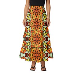 Kaleidoscope Floral Pattern Rosette Tiered Ruffle Maxi Skirt