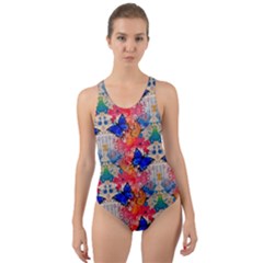 Butterflies Blue Pattern Girly Cut-out Back One Piece Swimsuit