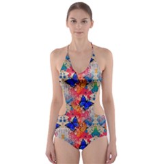 Butterflies Blue Pattern Girly Cut-out One Piece Swimsuit