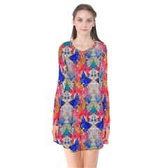 Butterflies Blue Pattern Girly Long Sleeve V-neck Flare Dress