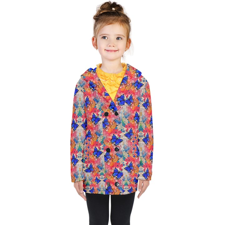 Butterflies Blue Pattern Girly Kids  Double Breasted Button Coat