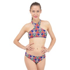 Butterflies Blue Pattern Girly High Neck Bikini Set