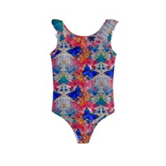 Butterflies Blue Pattern Girly Kids  Frill Swimsuit