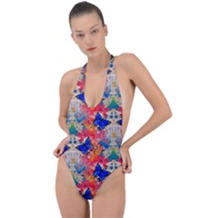 Butterflies Blue Pattern Girly Backless Halter One Piece Swimsuit