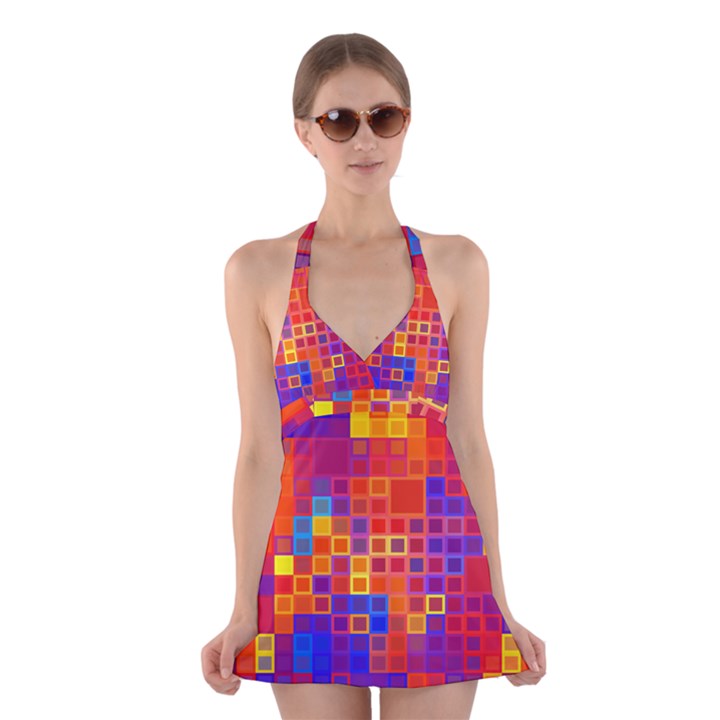 Squares Geometric Colorful Fluorescent Halter Dress Swimsuit 