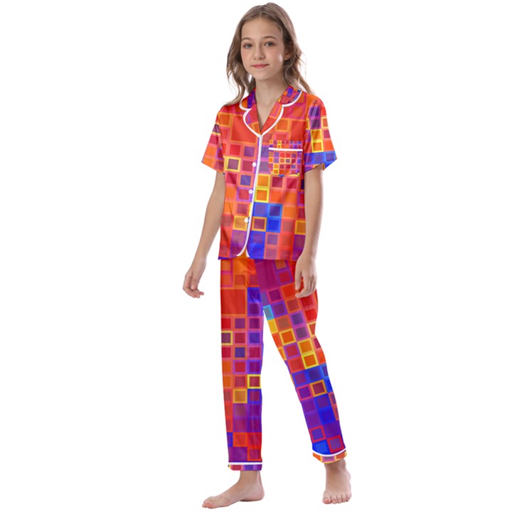 Squares Geometric Colorful Fluorescent Kids  Satin Short Sleeve Pajamas Set