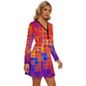 Squares Geometric Colorful Fluorescent Long Sleeve Deep V Mini Dress  View3