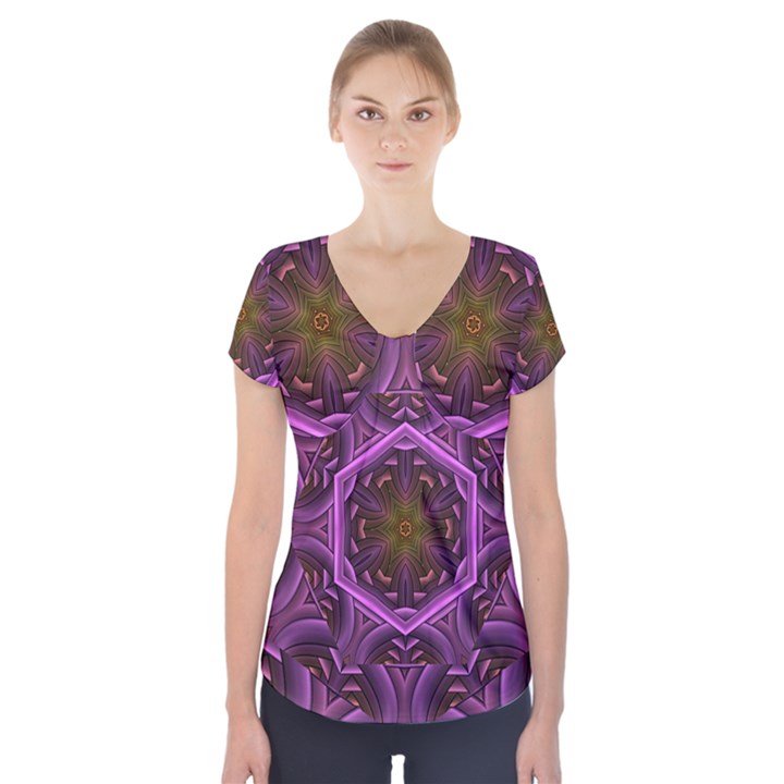 Rosette Mosaic Kaleidoscope Abstract Background Short Sleeve Front Detail Top