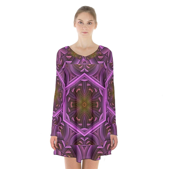 Rosette Mosaic Kaleidoscope Abstract Background Long Sleeve Velvet V-neck Dress