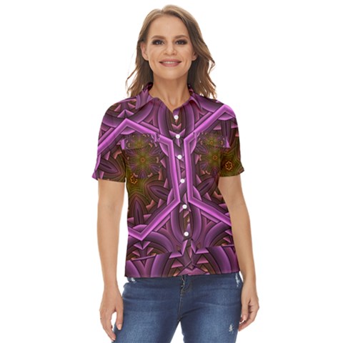 Rosette Mosaic Kaleidoscope Abstract Background Women s Short Sleeve Double Pocket Shirt by Jancukart