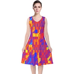 Geometric Pattern Fluorescent Colorful V-neck Midi Sleeveless Dress 