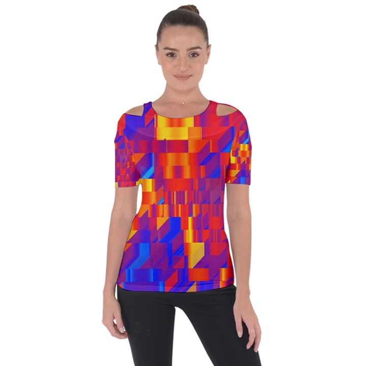 Geometric Pattern Fluorescent Colorful Shoulder Cut Out Short Sleeve Top