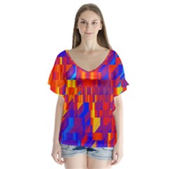 Geometric Pattern Fluorescent Colorful V-neck Flutter Sleeve Top