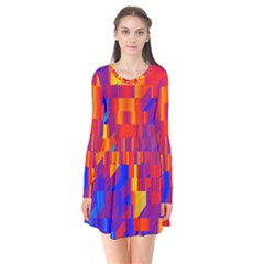 Geometric Pattern Fluorescent Colorful Long Sleeve V-neck Flare Dress