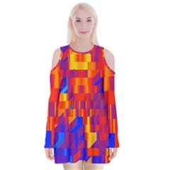 Geometric Pattern Fluorescent Colorful Velvet Long Sleeve Shoulder Cutout Dress by Jancukart