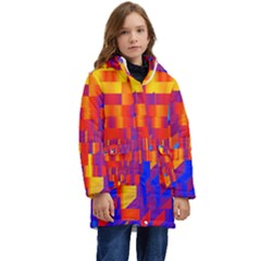 Geometric Pattern Fluorescent Colorful Kid s Hooded Longline Puffer Jacket