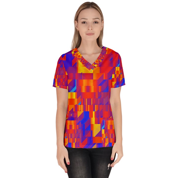 Geometric Pattern Fluorescent Colorful Women s V-Neck Scrub Top