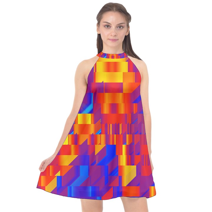 Geometric Pattern Fluorescent Colorful Halter Neckline Chiffon Dress 