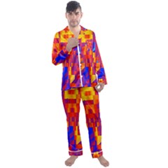 Geometric Pattern Fluorescent Colorful Men s Long Sleeve Satin Pajamas Set