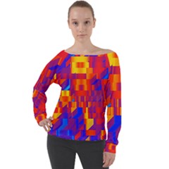 Geometric Pattern Fluorescent Colorful Off Shoulder Long Sleeve Velour Top by Jancukart