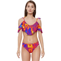 Geometric Pattern Fluorescent Colorful Ruffle Edge Tie Up Bikini Set	 by Jancukart