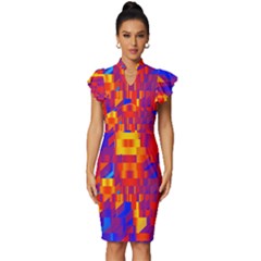 Geometric Pattern Fluorescent Colorful Vintage Frill Sleeve V-neck Bodycon Dress