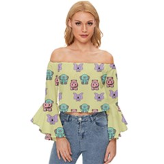 Animals-17 Off Shoulder Flutter Bell Sleeve Top by nateshop