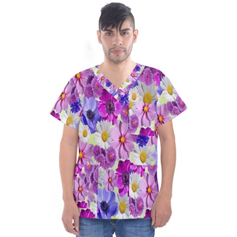 Blossoms-yellow Men s V-neck Scrub Top by nateshop