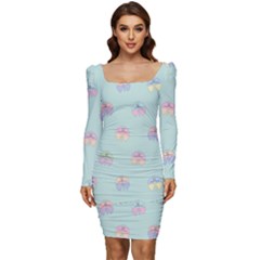 Butterfly-15 Women Long Sleeve Ruched Stretch Jersey Dress by nateshop