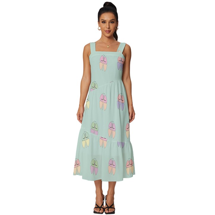 Butterfly-15 Square Neckline Tiered Midi Dress