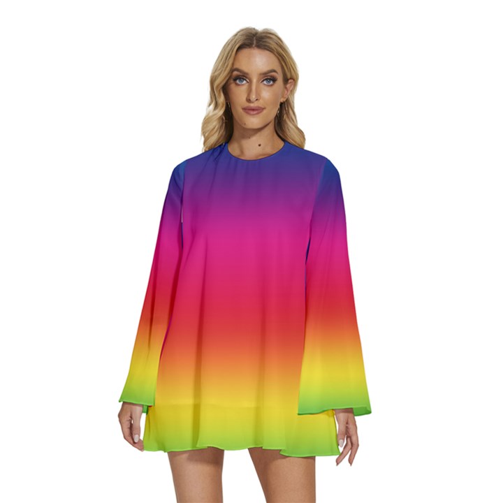 Spectrum Round Neck Long Sleeve Bohemian Style Chiffon Mini Dress