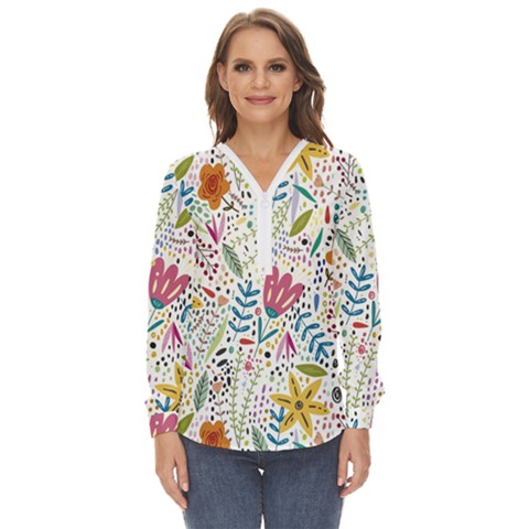 Flowers-484 Zip Up Long Sleeve Blouse by nateshop