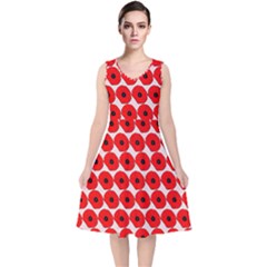 Red Peony Flower Pattern V-neck Midi Sleeveless Dress  by GardenOfOphir