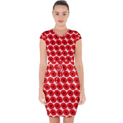 Red Peony Flower Pattern Capsleeve Drawstring Dress  by GardenOfOphir