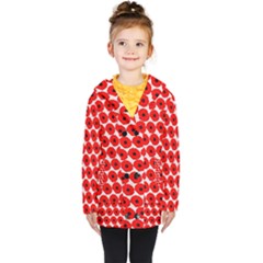 Red Peony Flower Pattern Kids  Double Breasted Button Coat by GardenOfOphir