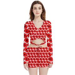 Red Peony Flower Pattern Velvet Wrap Crop Top And Shorts Set