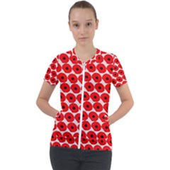 Red Peony Flower Pattern Short Sleeve Zip Up Jacket by GardenOfOphir